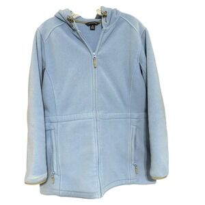 Lands End Womens Thermacheck Fleece Full Zip Hooded Jacket Light Blue Size M